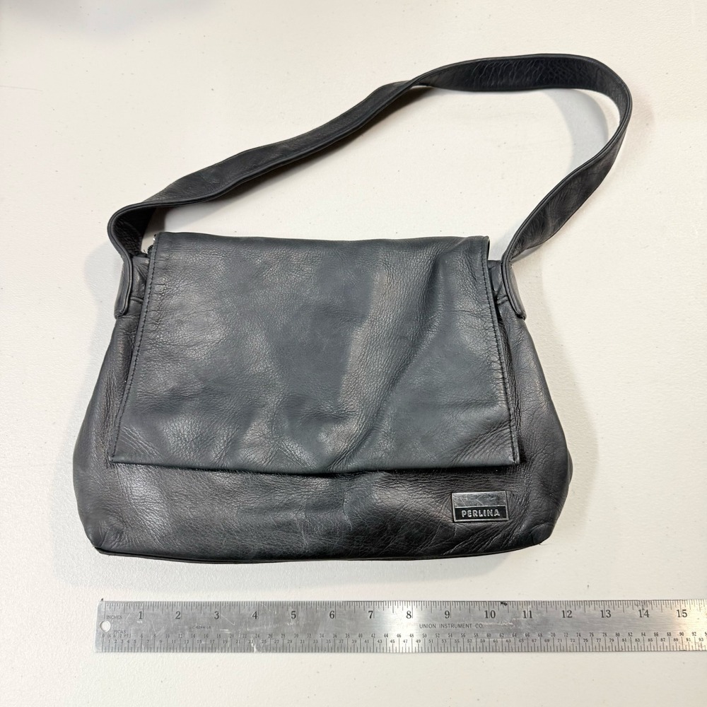 Perlina New York Black Leather Flap Shoulder Bag Pebble Grain Silver Hardware